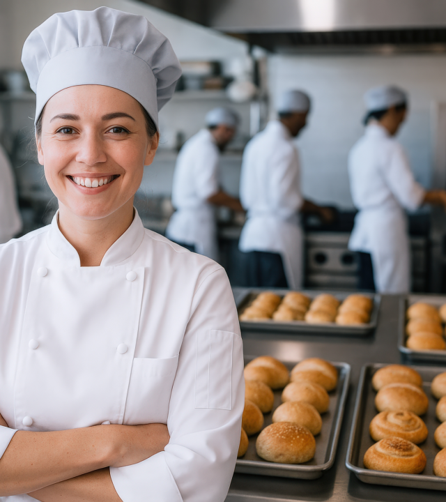 smiling chef, the bakery’s head baker, confidently oversees a team preparing fresh bread in a modern commercial kitchen, a picture of success and culinary artistry. smiling chef, the bakery's head baker, confidently oversees a team preparing fresh bread in a modern commercial kitchen, a picture of success and culinary artistry.