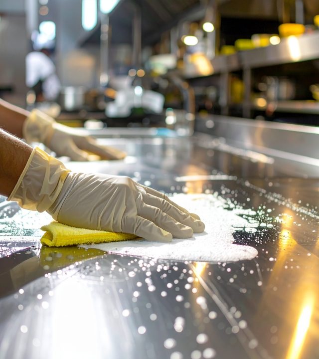 a person wearing gloves cleans a shiny stainless steel surface using a yellow cloth and foamy cleaner in a well lit industrial or commercial kitchen environment. a person wearing gloves cleans a shiny stainless steel surface using a yellow cloth and foamy cleaner in a well lit industrial or commercial kitchen environment.